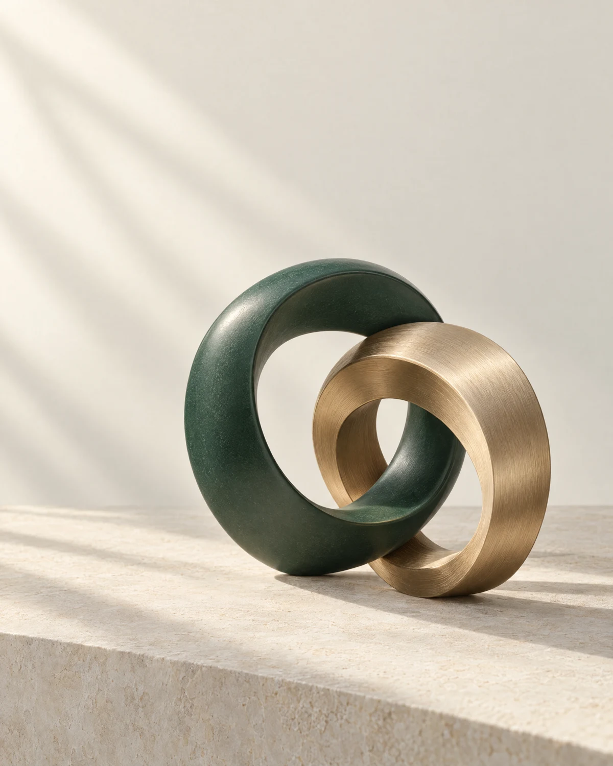 Interlocking forest-green and champagne-gold sculptures symbolising partnership